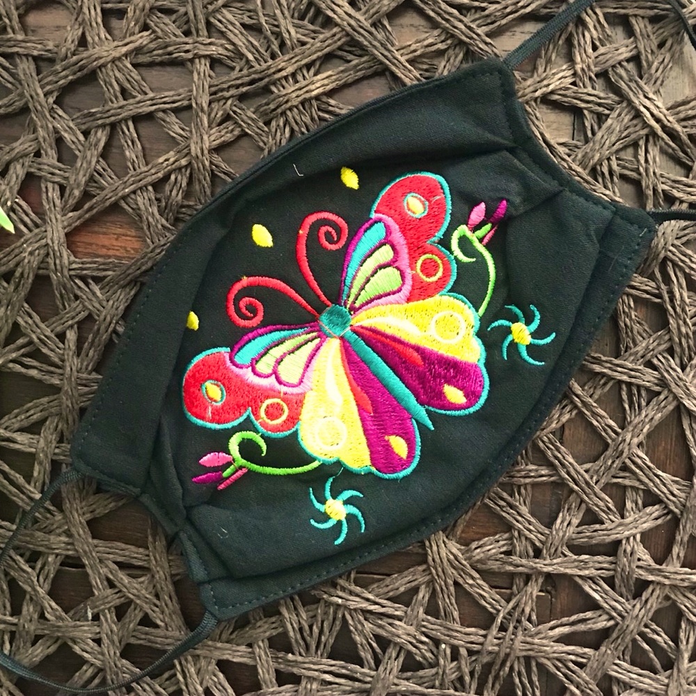Hand Made Black Colorful Embroidered Butterfly Double Layer Washable Face Mask